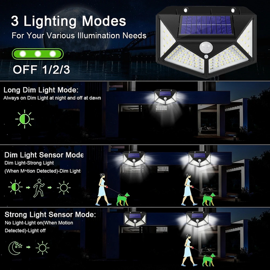 100-LED Solar PIR Motion Sensor Outdoor Wall Lights — Set of 4