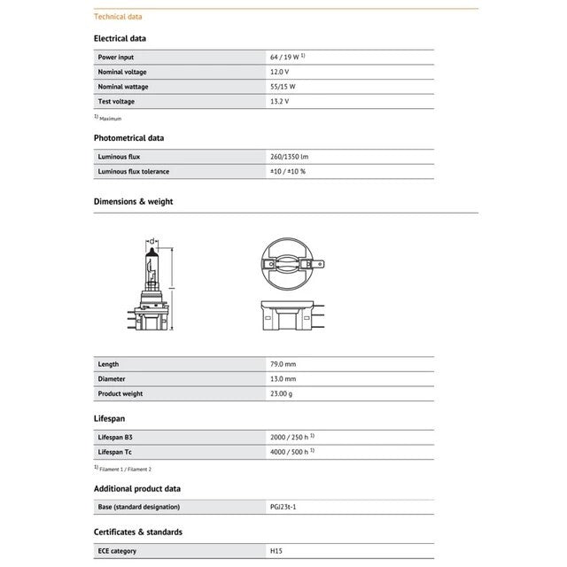 Osram H15 64176 Original Line Headlight Bulb 12V 55/15W PGJ23t-1