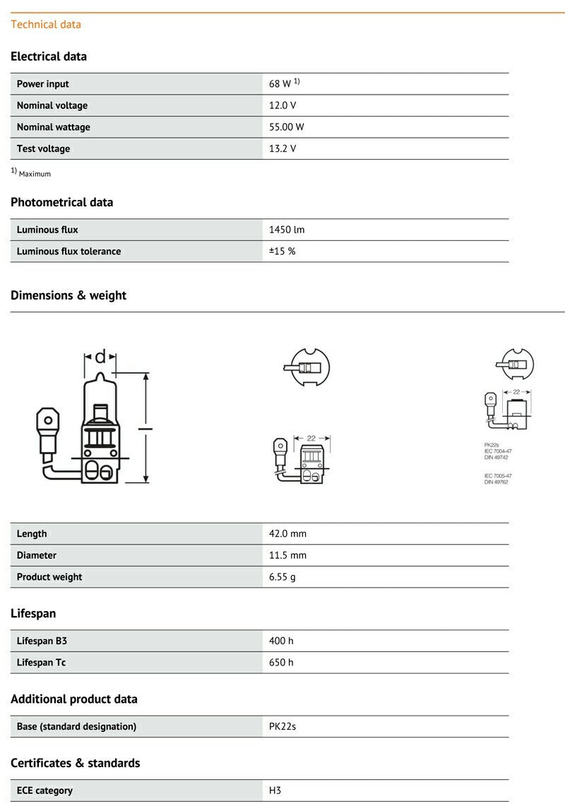 Osram H3 (453) Original Bulb 12V 55W 64151-01B