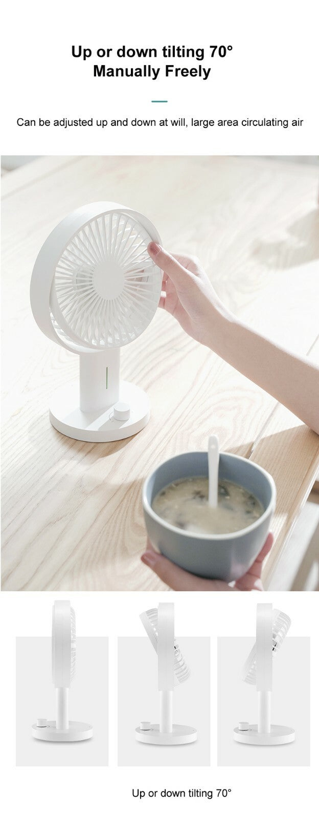 Zaytuna USB Rechargeable Oscillating Desk Fan, 3 Speeds — White