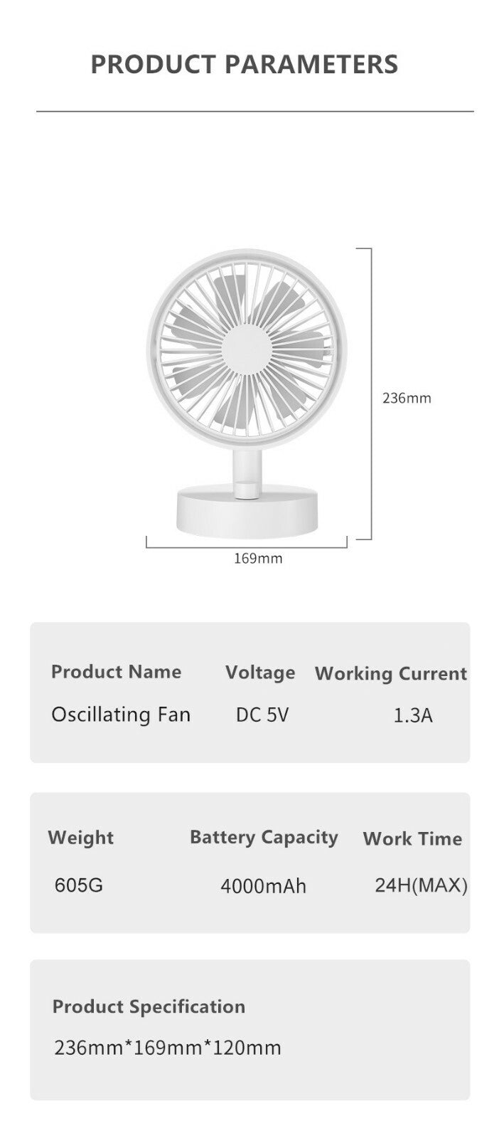 Zaytuna Portable Oscillating Desk Table Fan, USB Rechargeable — White