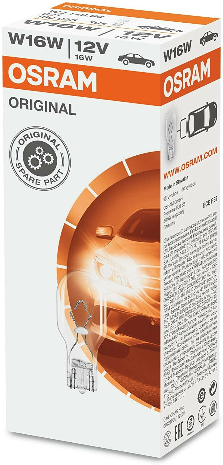 Osram T16 W16W 921/955 Brake/Reversing Bulbs 12V 16W — 10 Pack