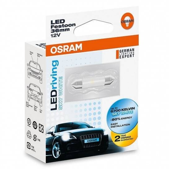 Osram 6436SW C5W 36mm Sky White LED Festoon Bulb 12V 0.5W 6700K SV8.5-8