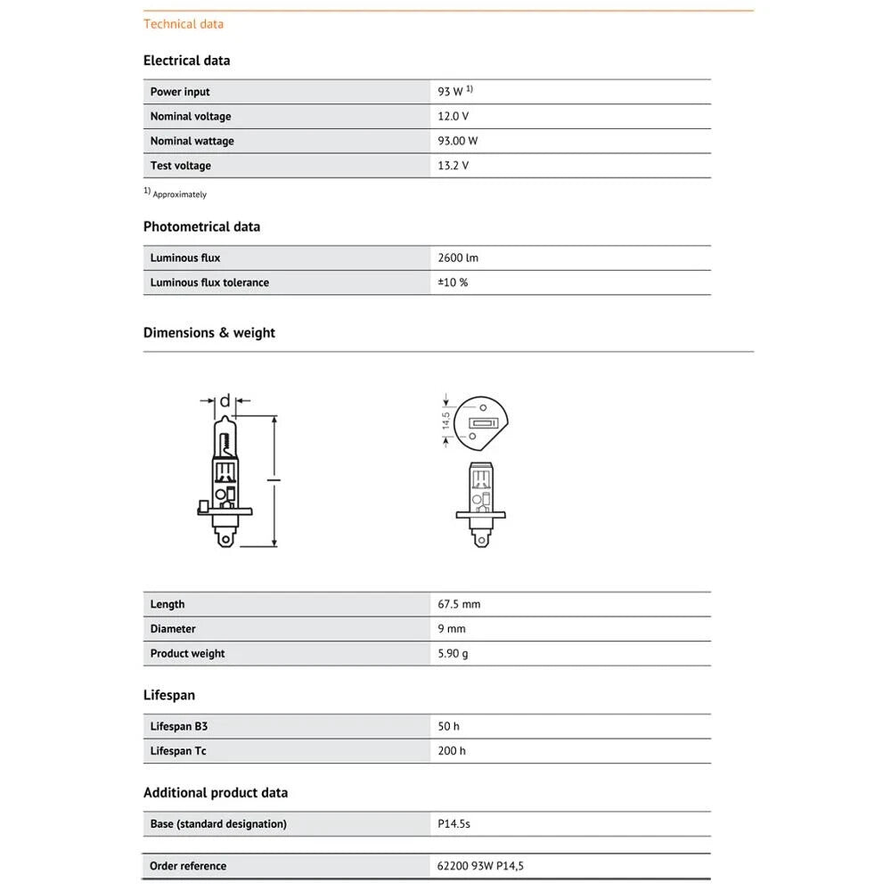 Osram H1 Off-Road Headlight Bulb 12V 100W 3200K 62200SBP