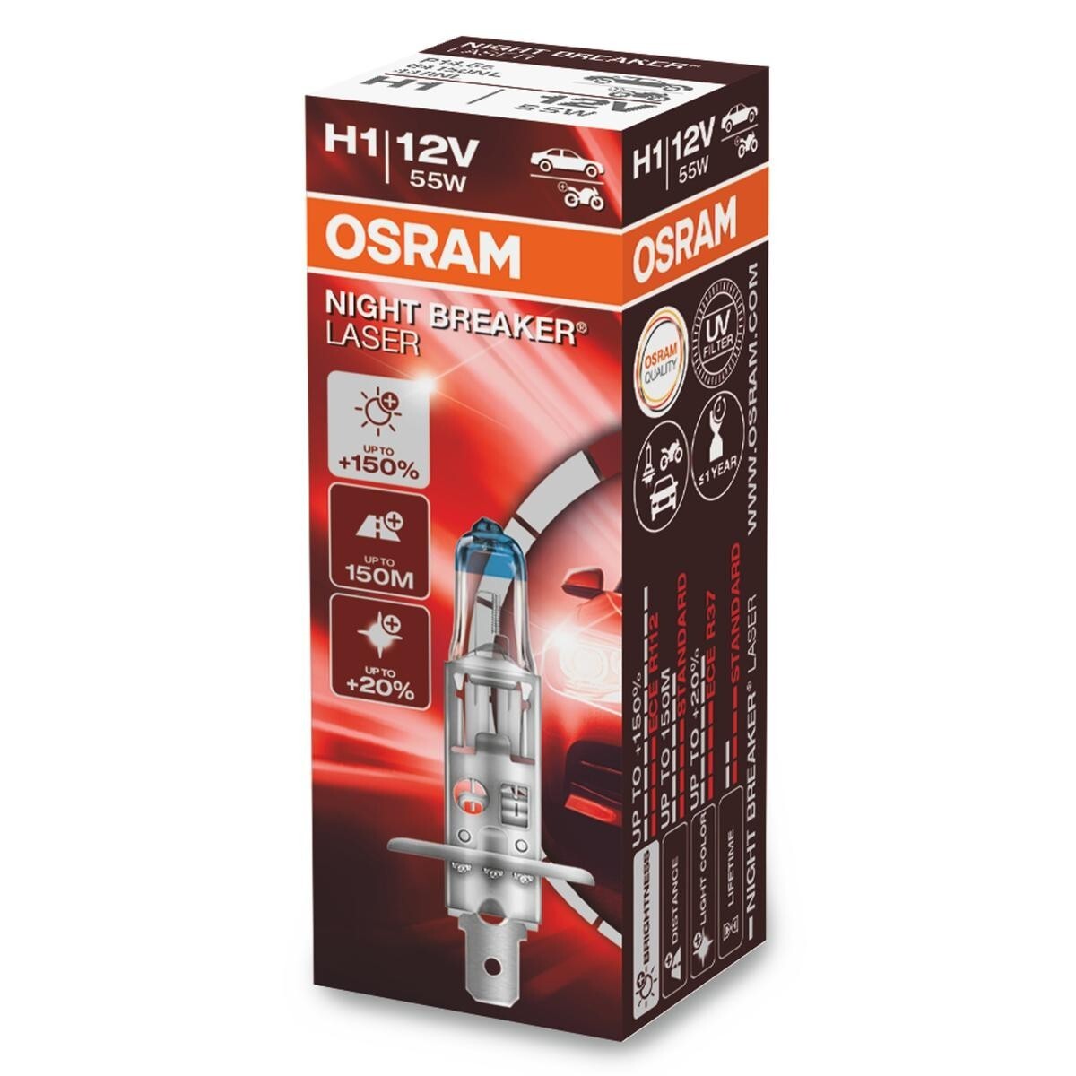 Osram H1 Night Breaker Laser +150% Headlight Bulbs — Twin Pack