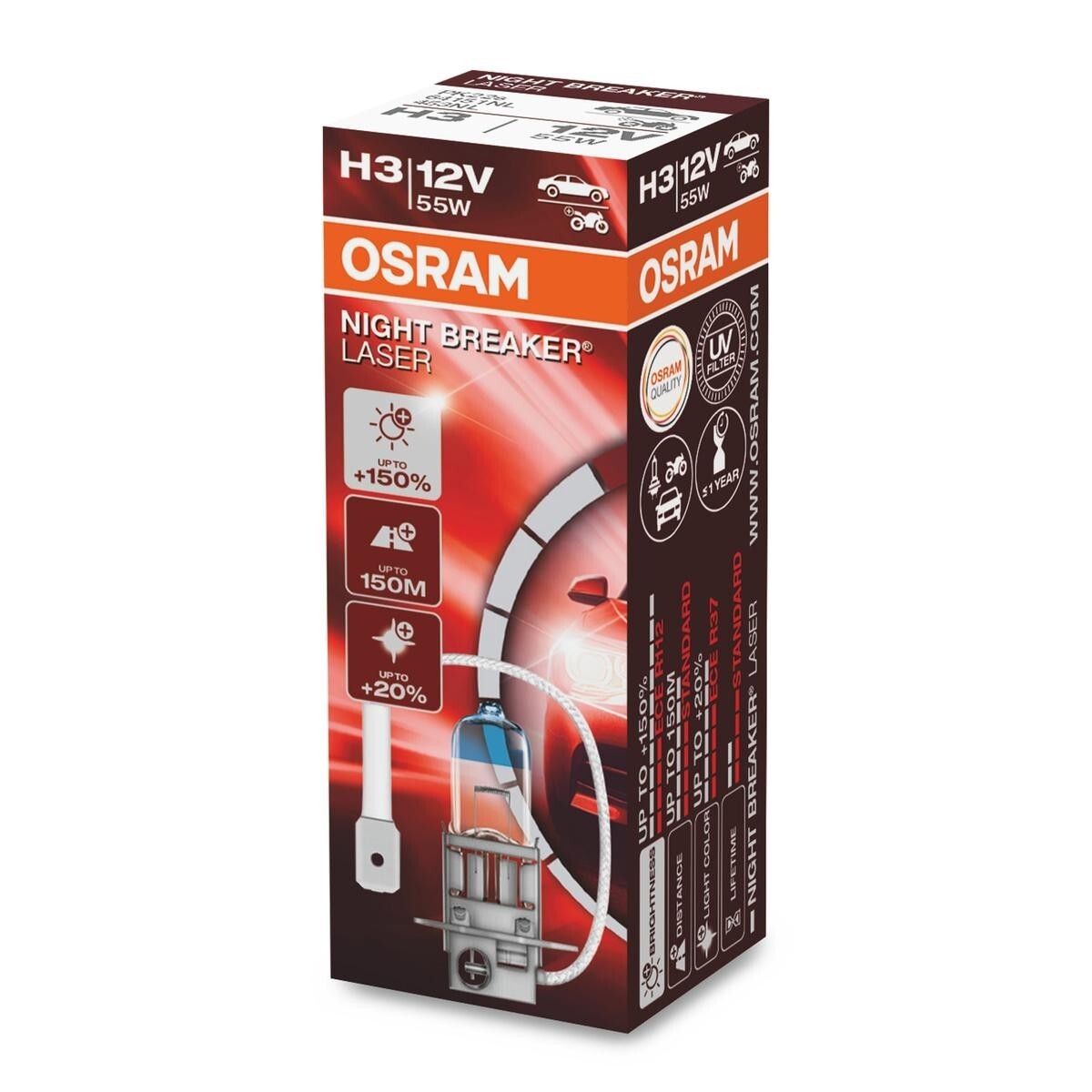 Osram H3 Night Breaker Laser +150% Headlight Bulbs — Twin Pack