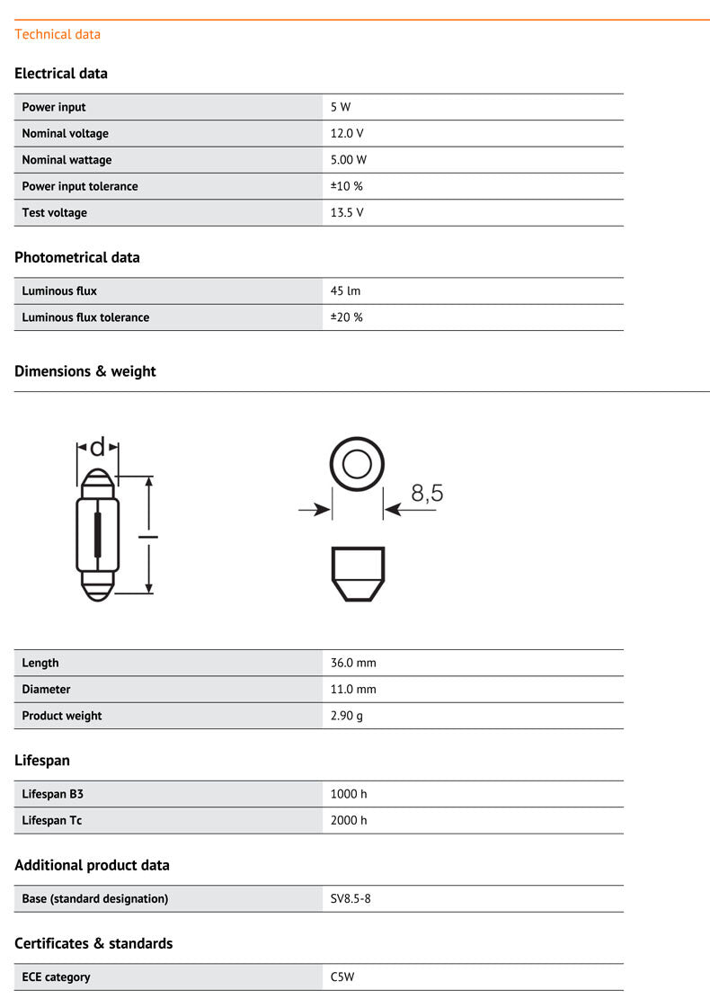 Osram C5W 239 Festoon Interior Bulbs 5W 6418-02B — 10 Pack