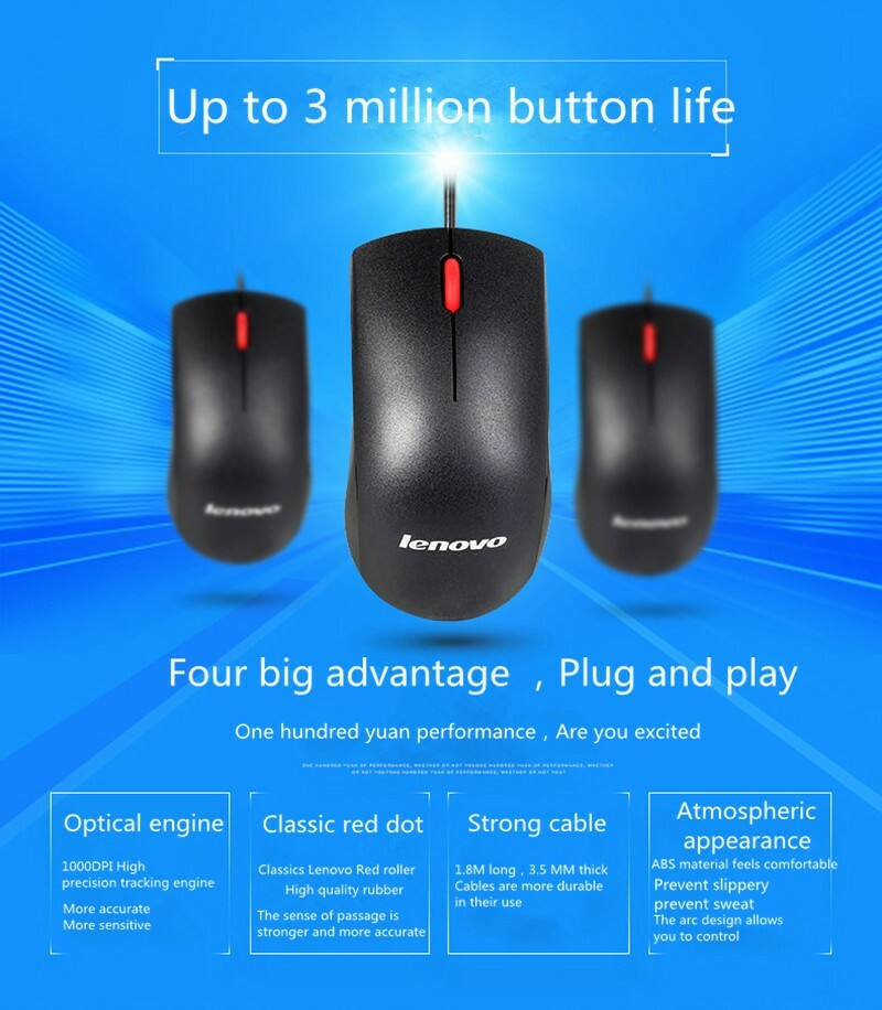 Lenovo USB Wired Mouse 1000 DPI for Gaming, Office, PC and Mac