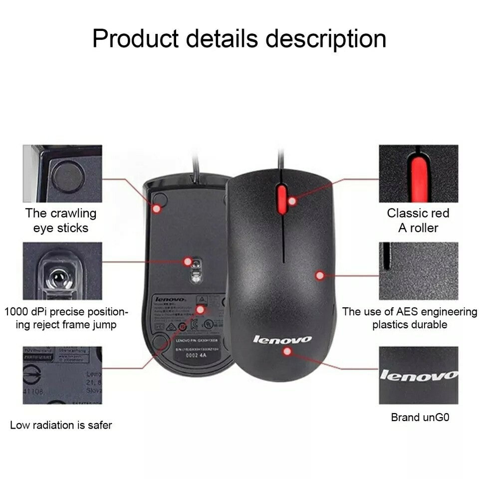 Lenovo USB Wired Mouse 1000 DPI for Gaming, Office, PC and Mac