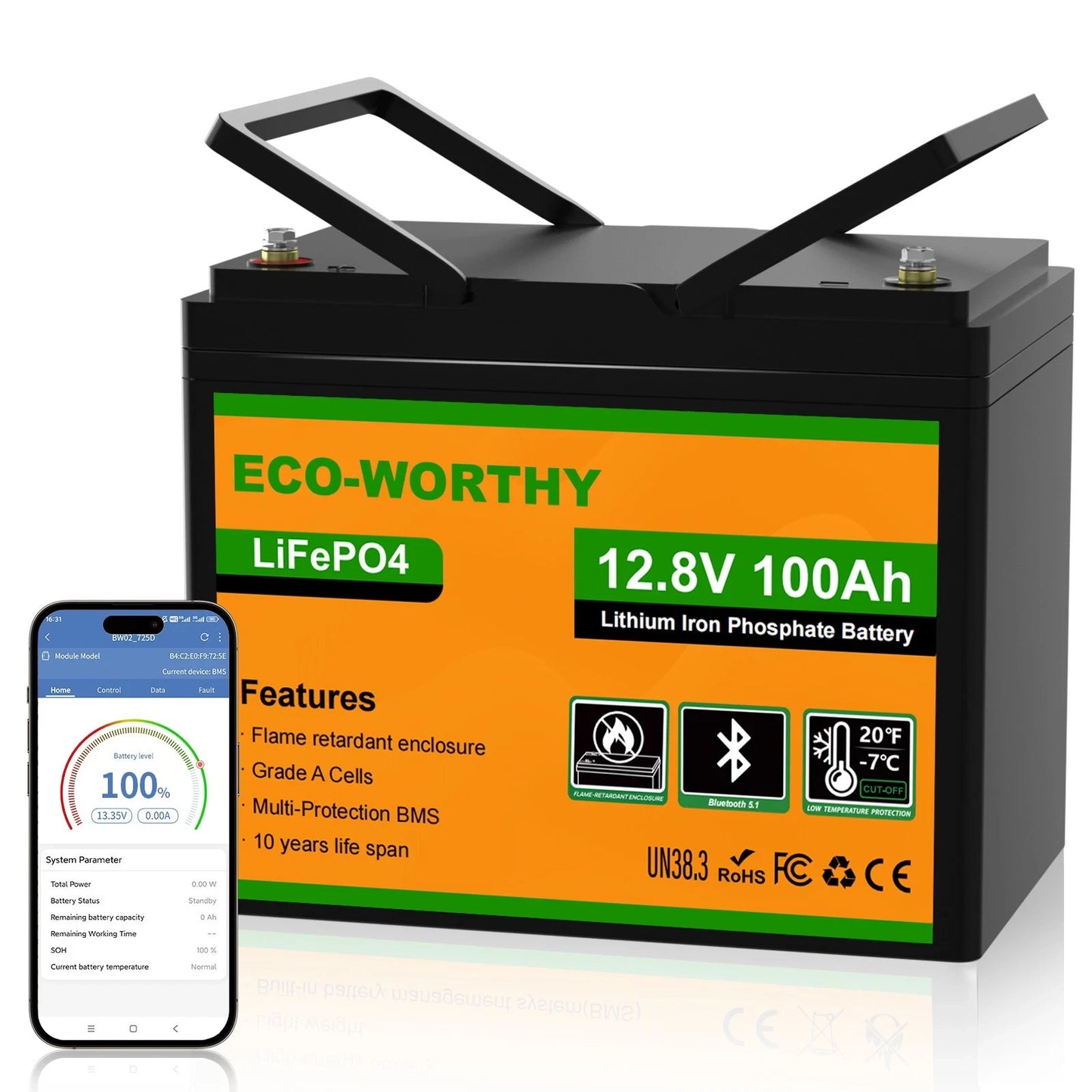 Eco-Worthy 12V 100Ah LiFePO4 Leisure Battery with Bluetooth for Motorhomes/Caravans