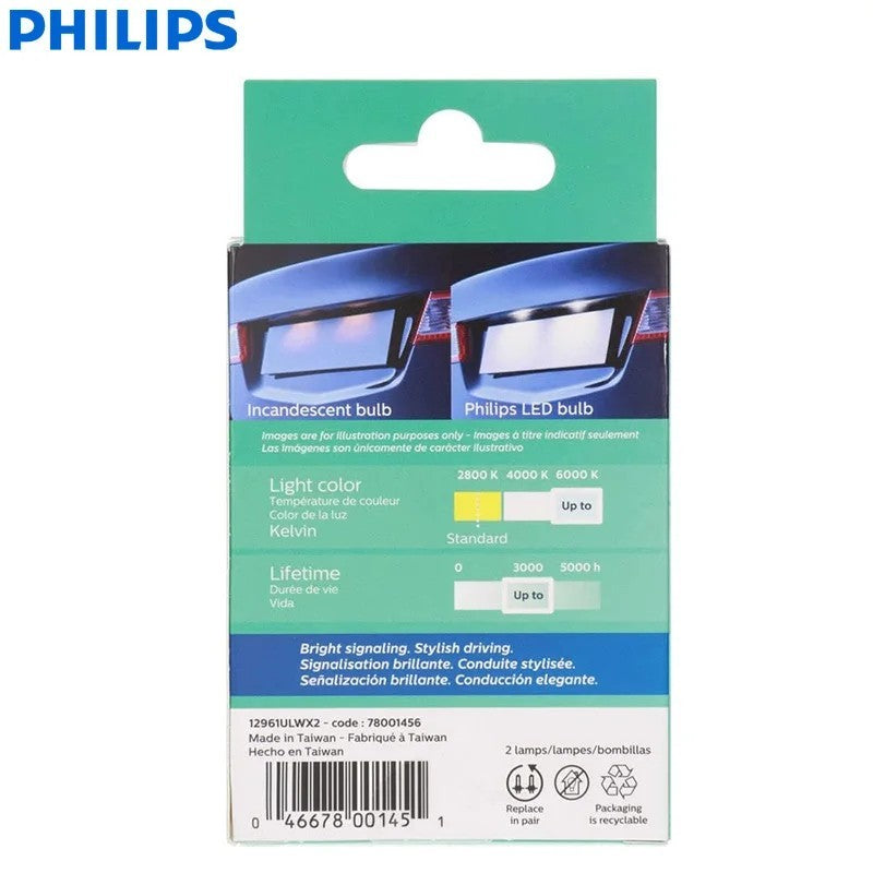 Philips Ultinon W5W T10 Bright White LED Bulbs 12V 6000K 12961ULWX2 — Twin Pack