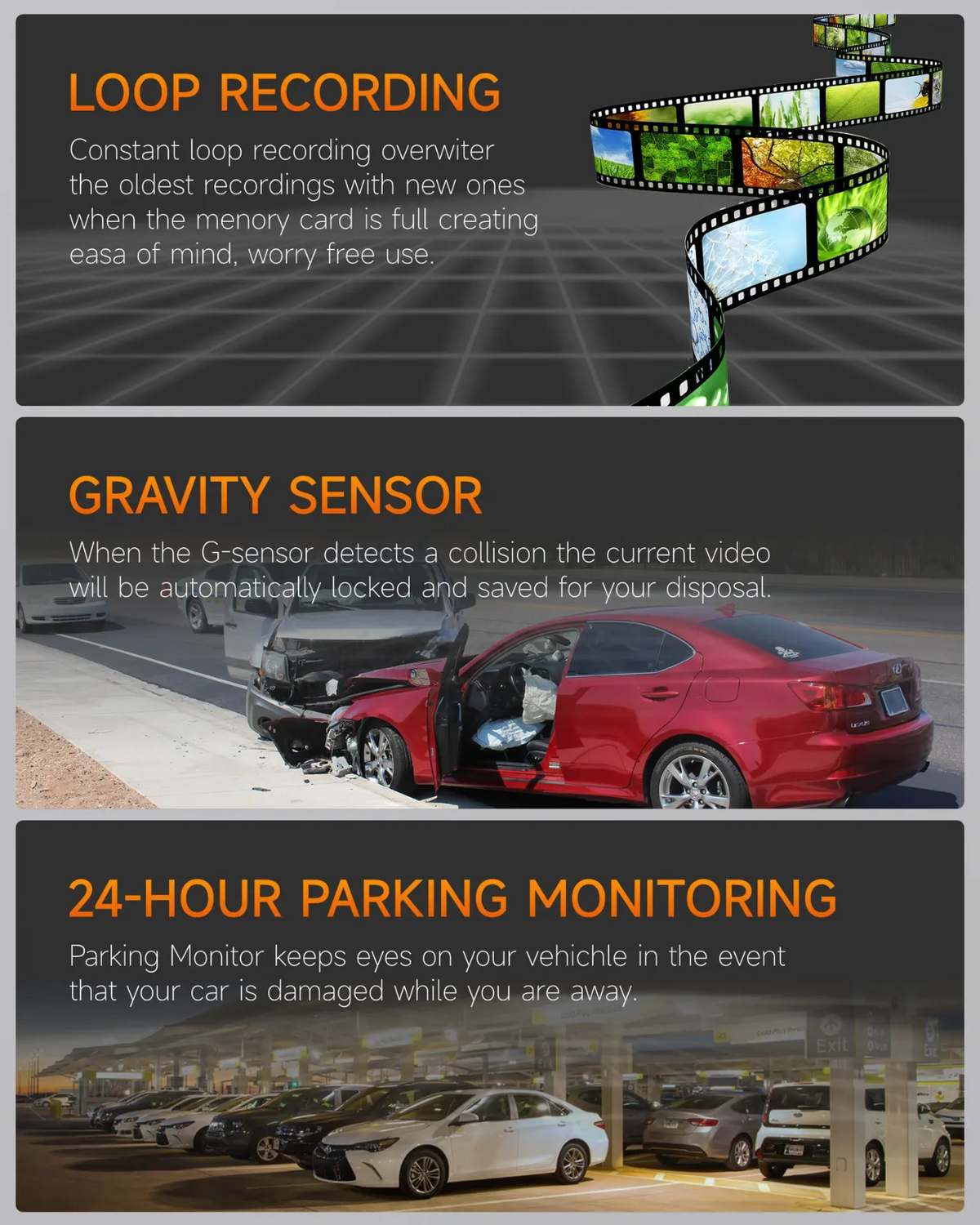 Gmaipop 1080p Dual-Lens Dash Cam DVR with G-Sensor and 64GB Card