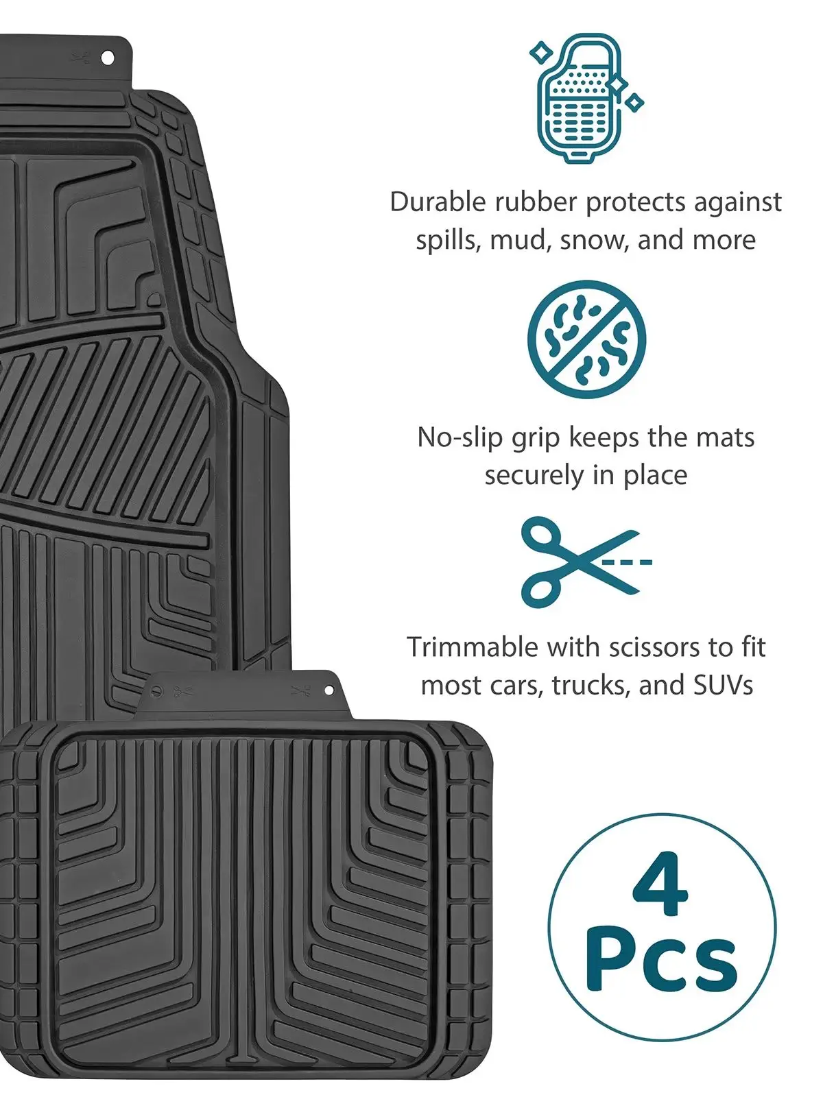 Heavy-Duty Non-Slip Universal Rubber Car Mats, Cut-to-Fit — Set of 4