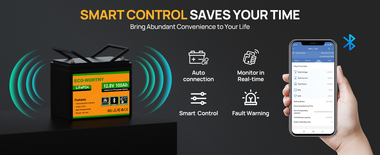 Eco-Worthy 12V 100Ah LiFePO4 Leisure Battery with Bluetooth for Motorhomes/Caravans