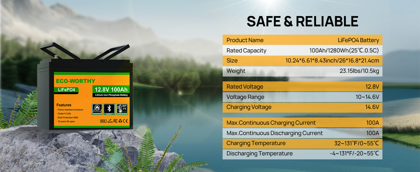 Eco-Worthy 12V 100Ah LiFePO4 Leisure Battery with Bluetooth for Motorhomes/Caravans