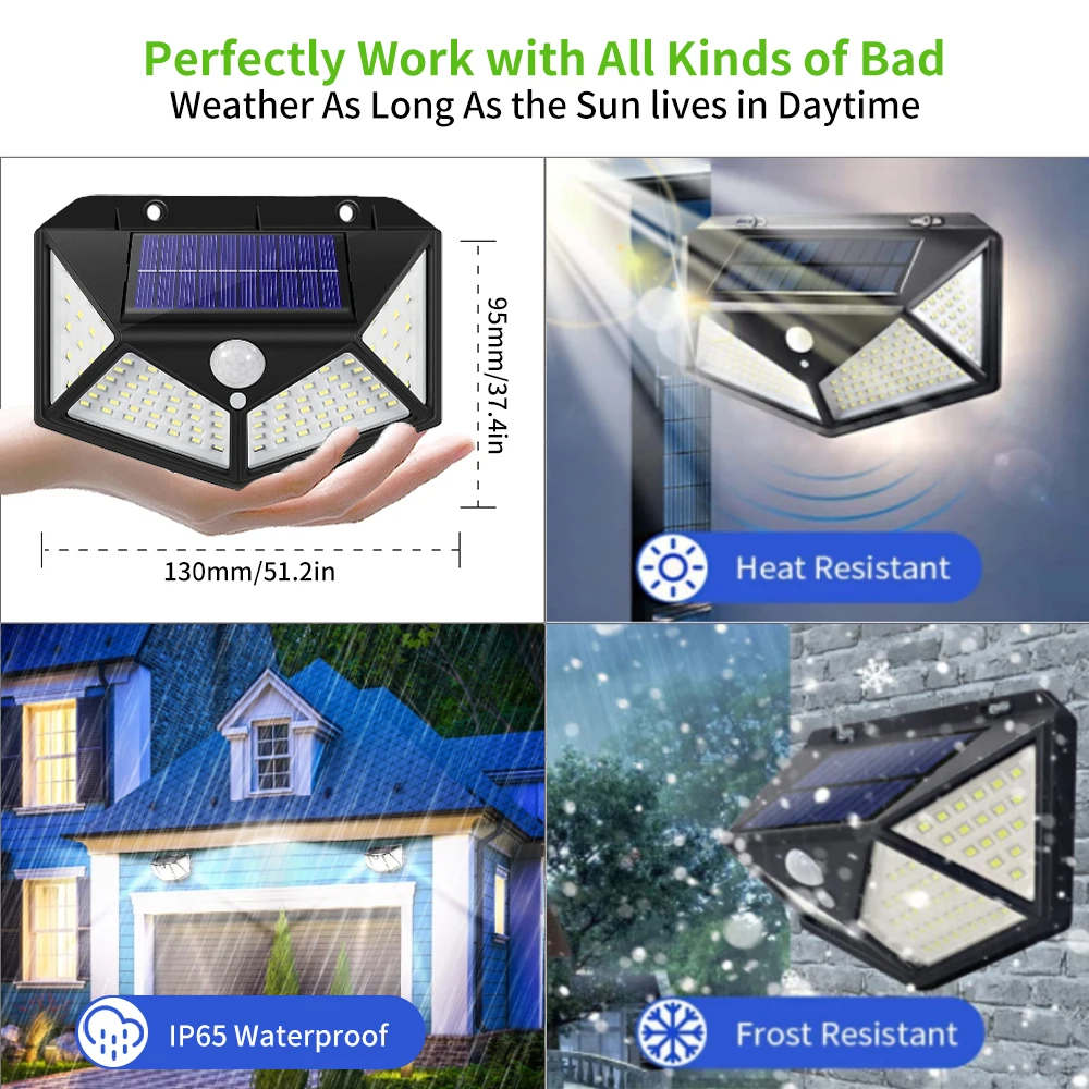100-LED Solar PIR Motion Sensor Outdoor Wall Lights — Set of 4