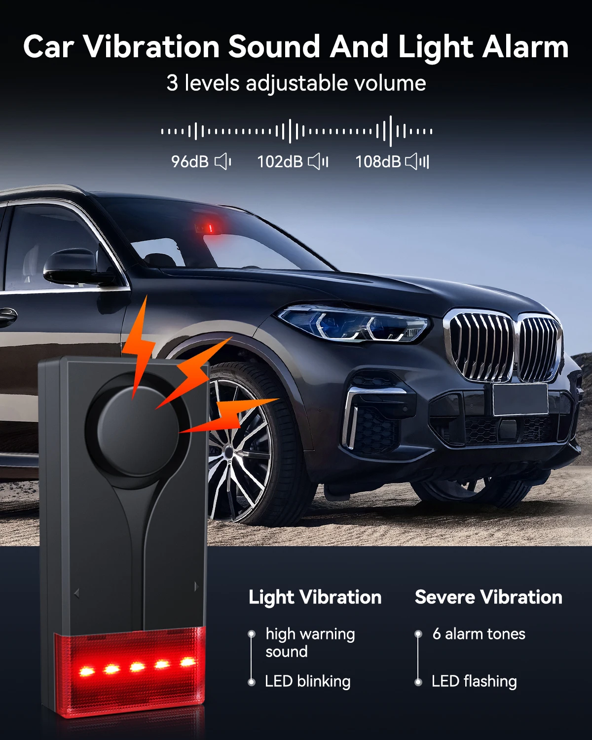 108dB Wireless LED Car Alarm with Vibration Sensor and Remote