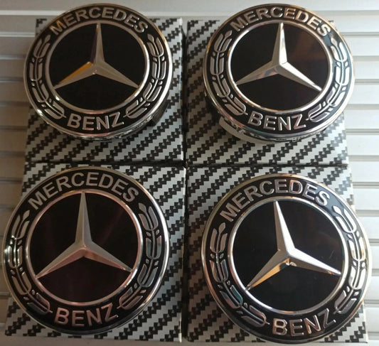 ZBS 75mm Black Mercedes Wheel Centre Caps A/B/C/E/S/M/ML/CLA/GLA — Set of 4