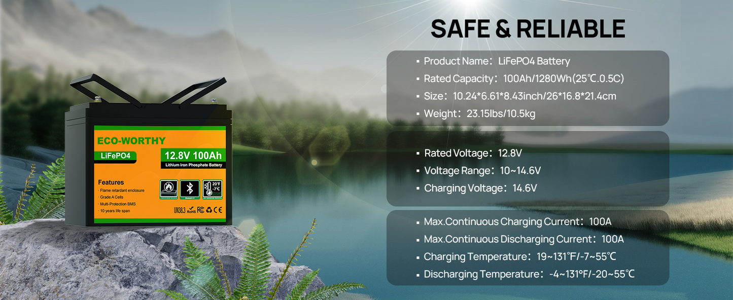 Eco-Worthy 12V 100Ah LiFePO4 Leisure Battery with Bluetooth for Motorhomes/Caravans
