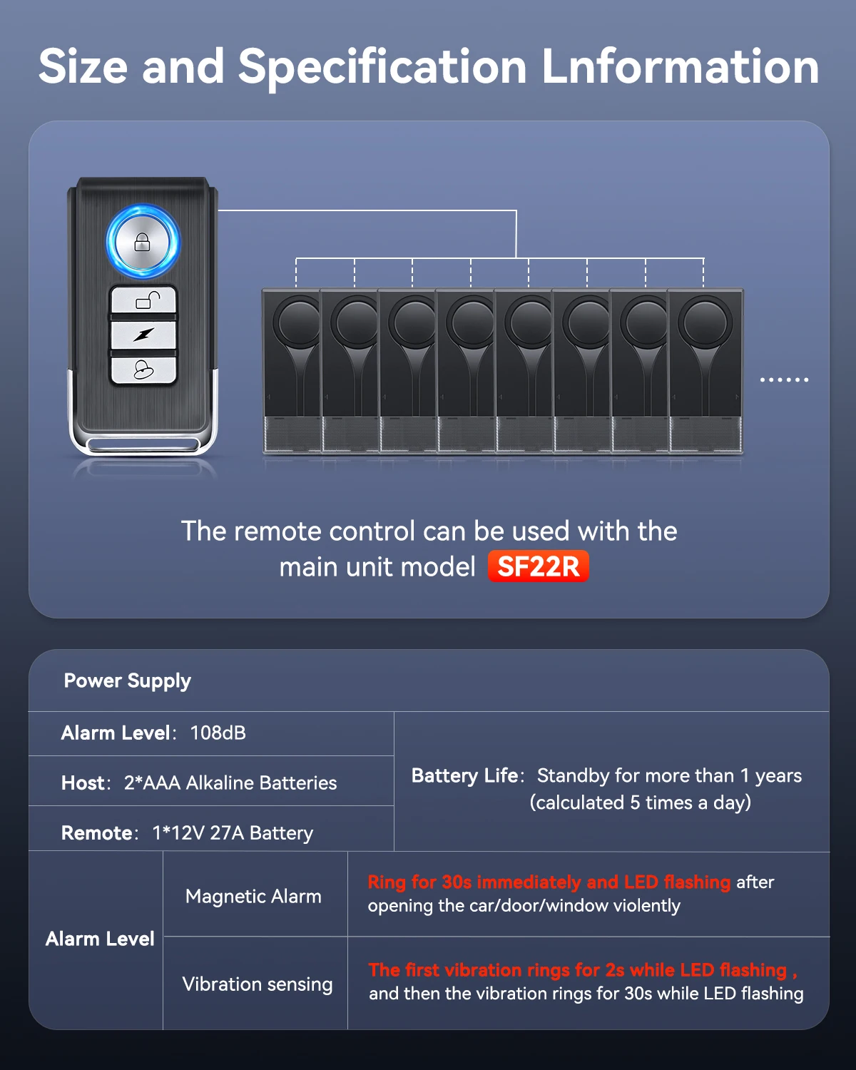 108dB Wireless LED Car Alarm with Vibration Sensor and Remote