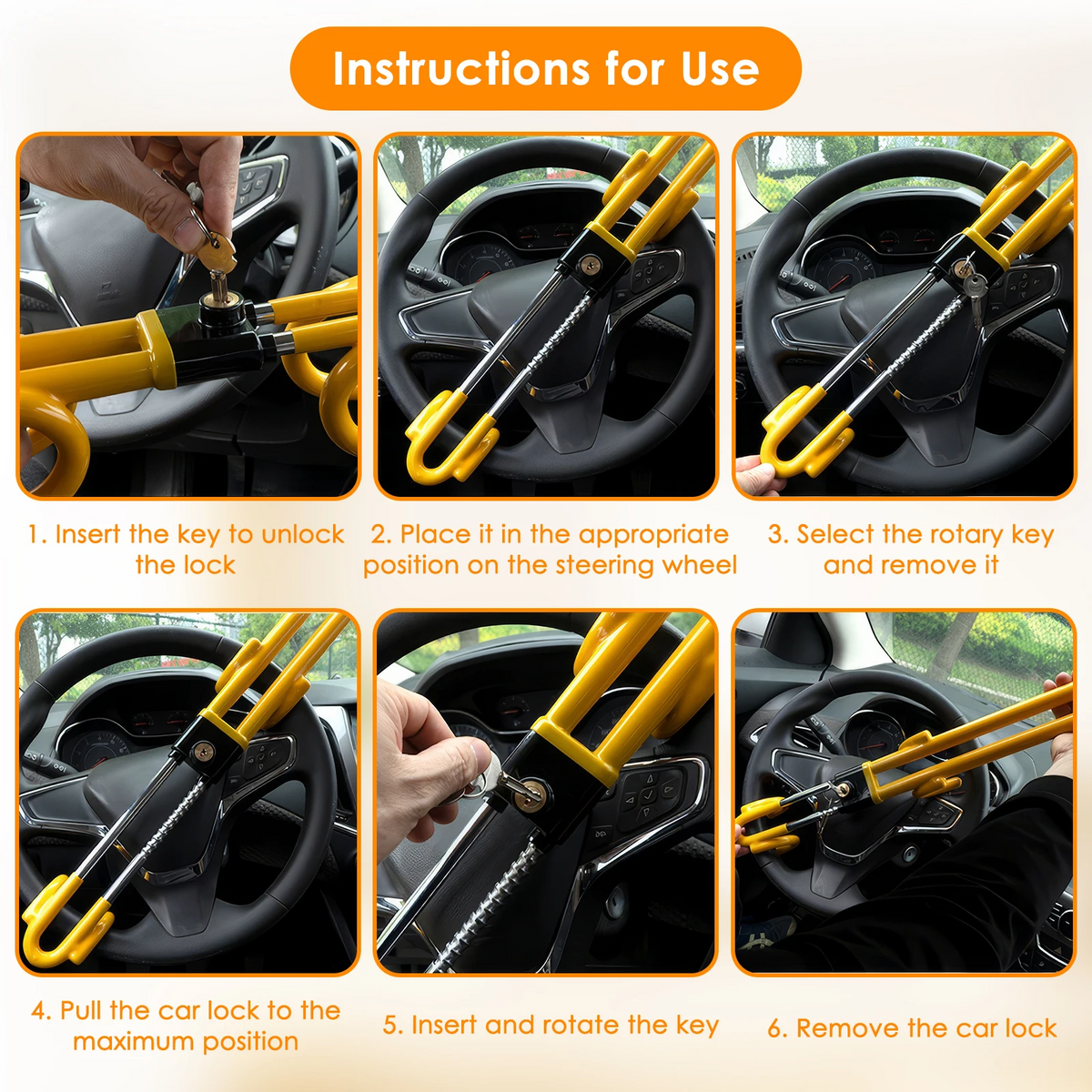 Heavy-Duty High-Security Steering Wheel Lock with Anti-Theft Hook for Cars/Vans
