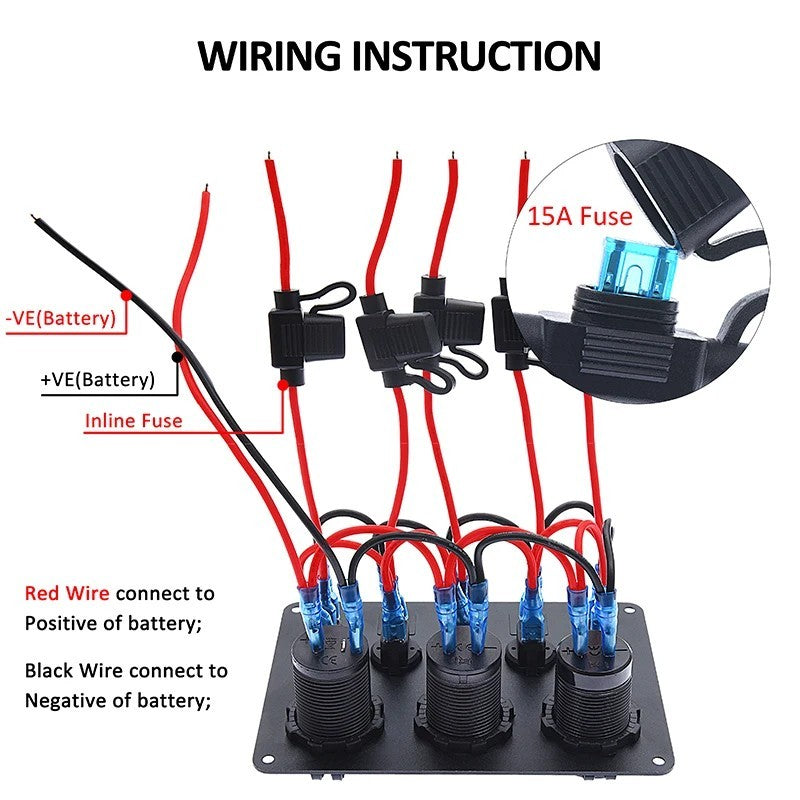 5-Gang 12V/24V LED Switch Panel with Fuse Box and Dual USB for Car/Boat/Camper
