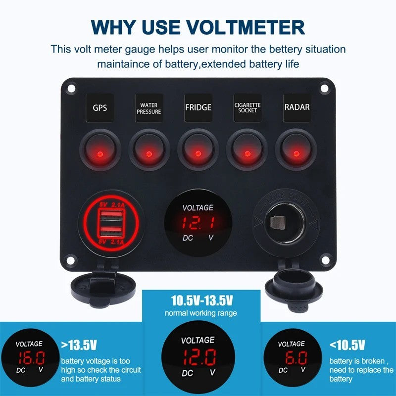5-Gang 12V/24V LED Switch Panel with Fuse Box and Dual USB for Car/Boat/Camper