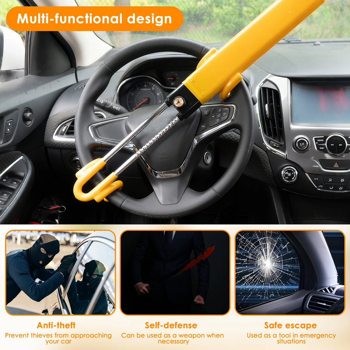 Heavy-Duty High-Security Steering Wheel Lock with Anti-Theft Hook for Cars/Vans