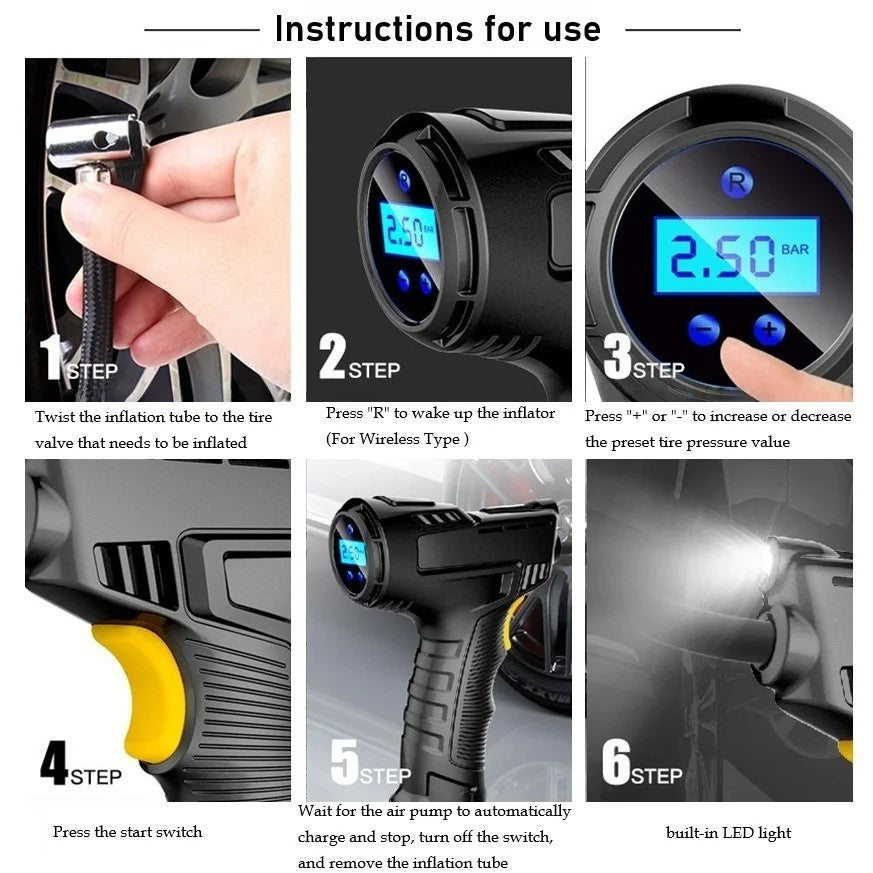 Cordless Portable Electric Car Tyre Inflator and Air Compressor