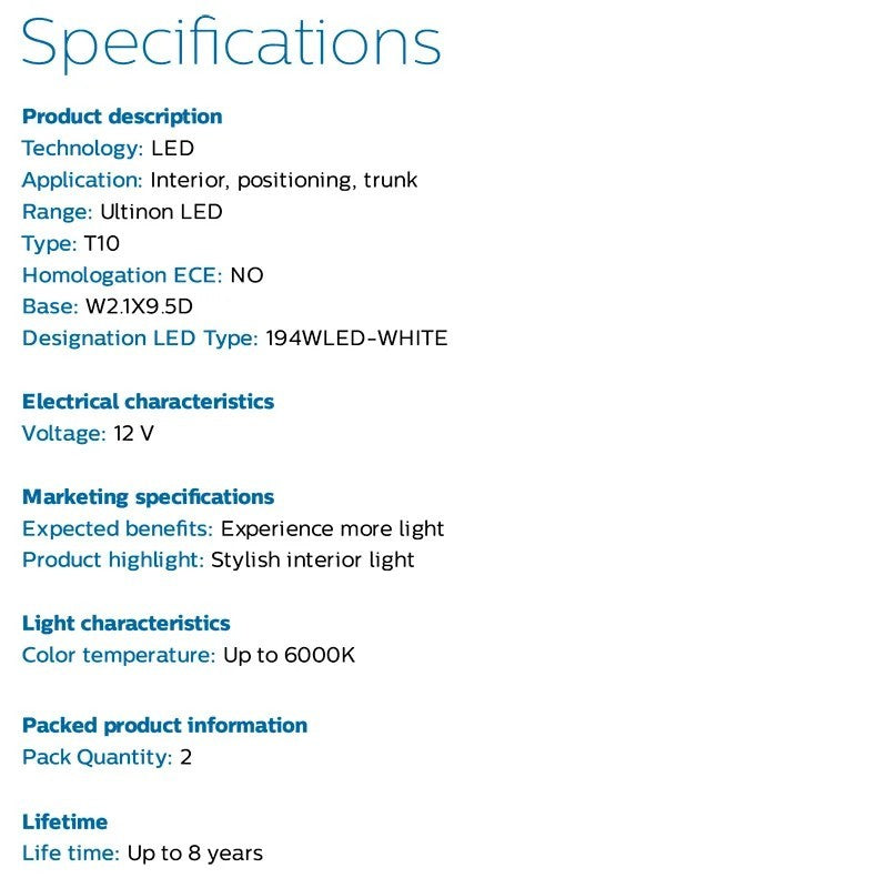 Philips Ultinon W5W T10 Bright White LED Bulbs 12V 6000K 12961ULWX2 — Twin Pack