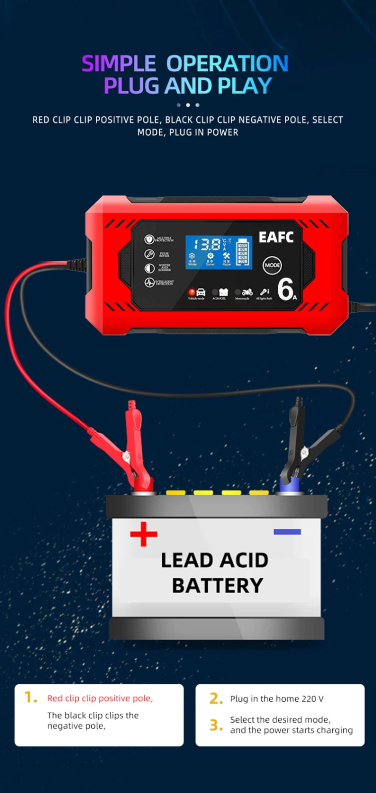 EAFC Portable Automatic 12V 6A Smart Car Battery Charger with Pulse Repair
