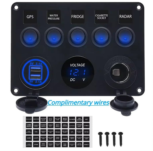 5-Gang 12V/24V LED Switch Panel with Fuse Box and Dual USB for Car/Boat/Camper