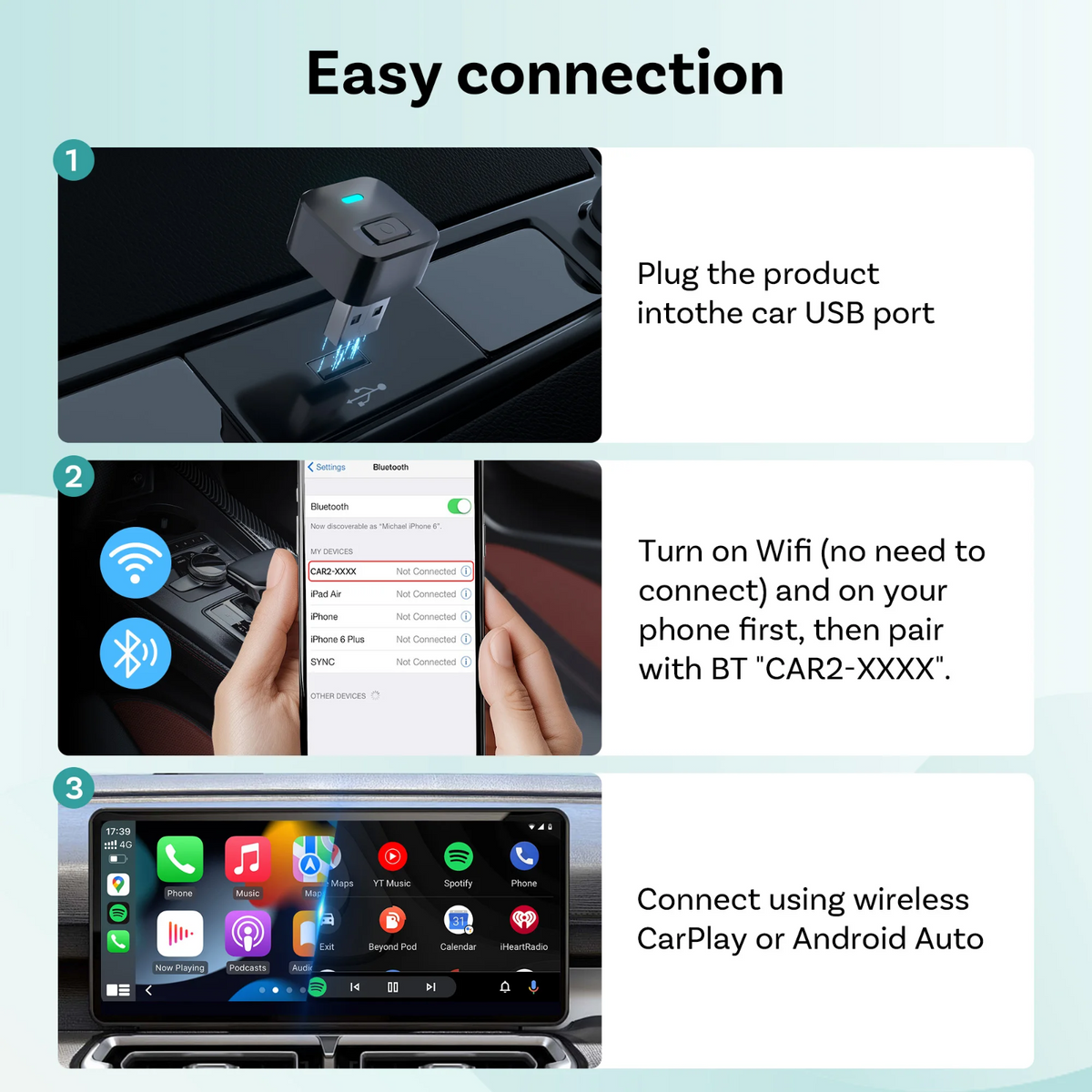 Ottocast CA525T Mini Wireless CarPlay and Android Auto Adapter with One-Click Button