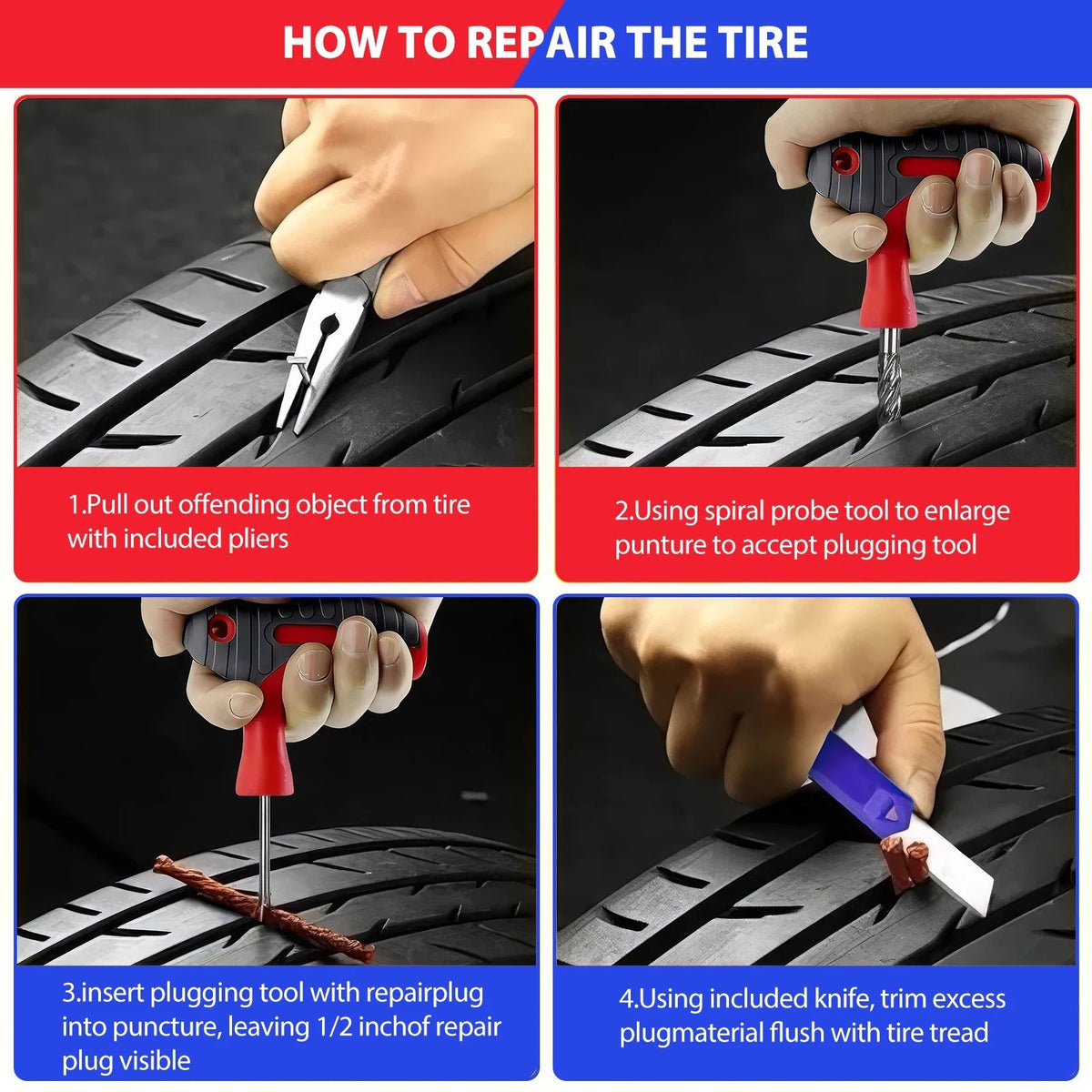 Tubeless Tyre Puncture Repair Plug Kit for Car, Van and Motorcycle