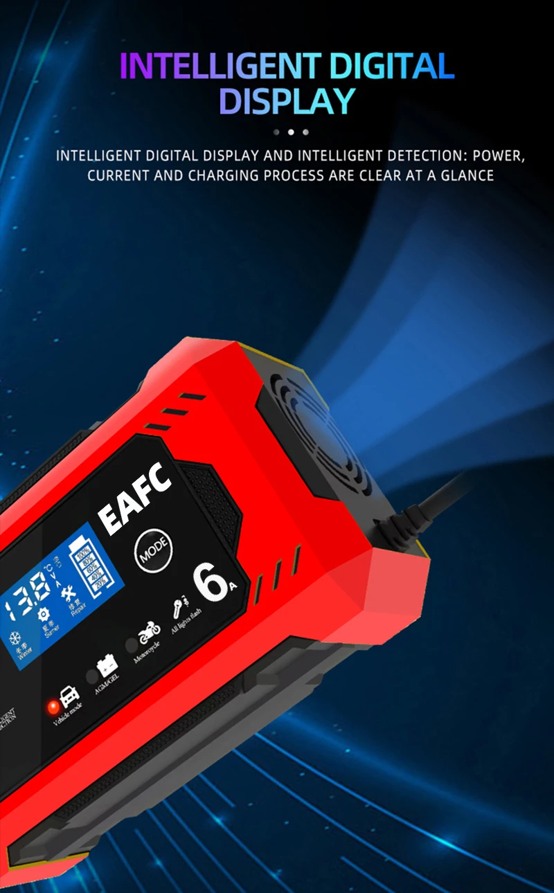 EAFC Portable Automatic 12V 6A Smart Car Battery Charger with Pulse Repair