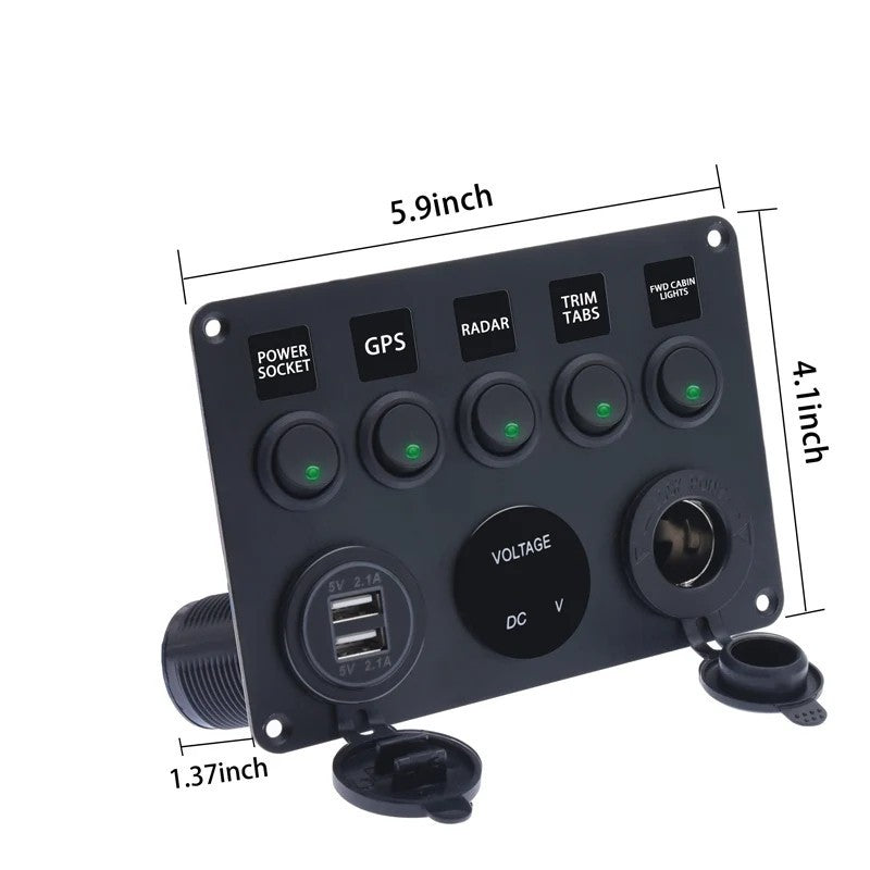 5-Gang 12V/24V LED Switch Panel with Fuse Box and Dual USB for Car/Boat/Camper