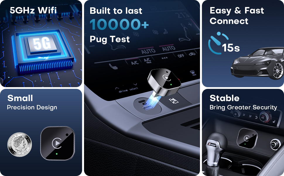 Spedal CA525-T2 Compact Plug-and-Play Wireless CarPlay and Android Auto Adapter