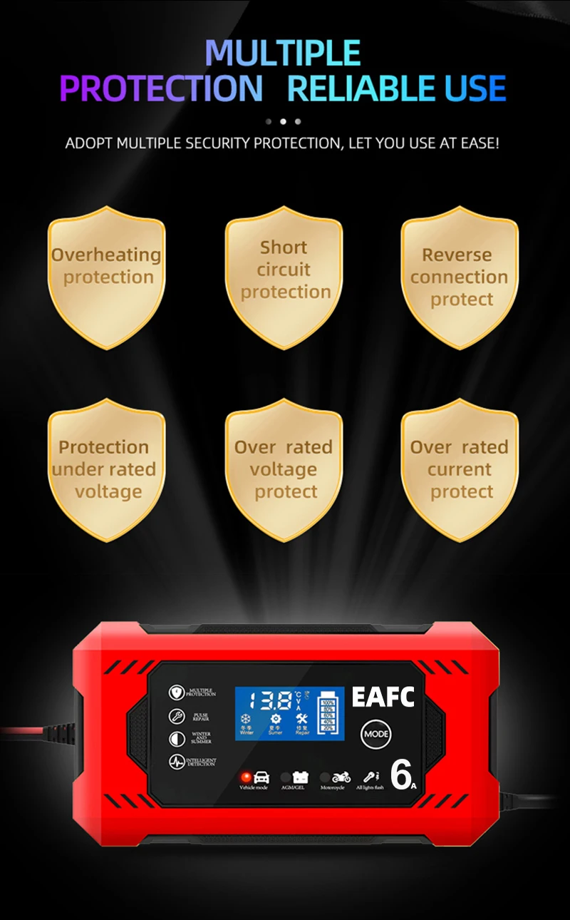 EAFC Portable Automatic 12V 6A Smart Car Battery Charger with Pulse Repair