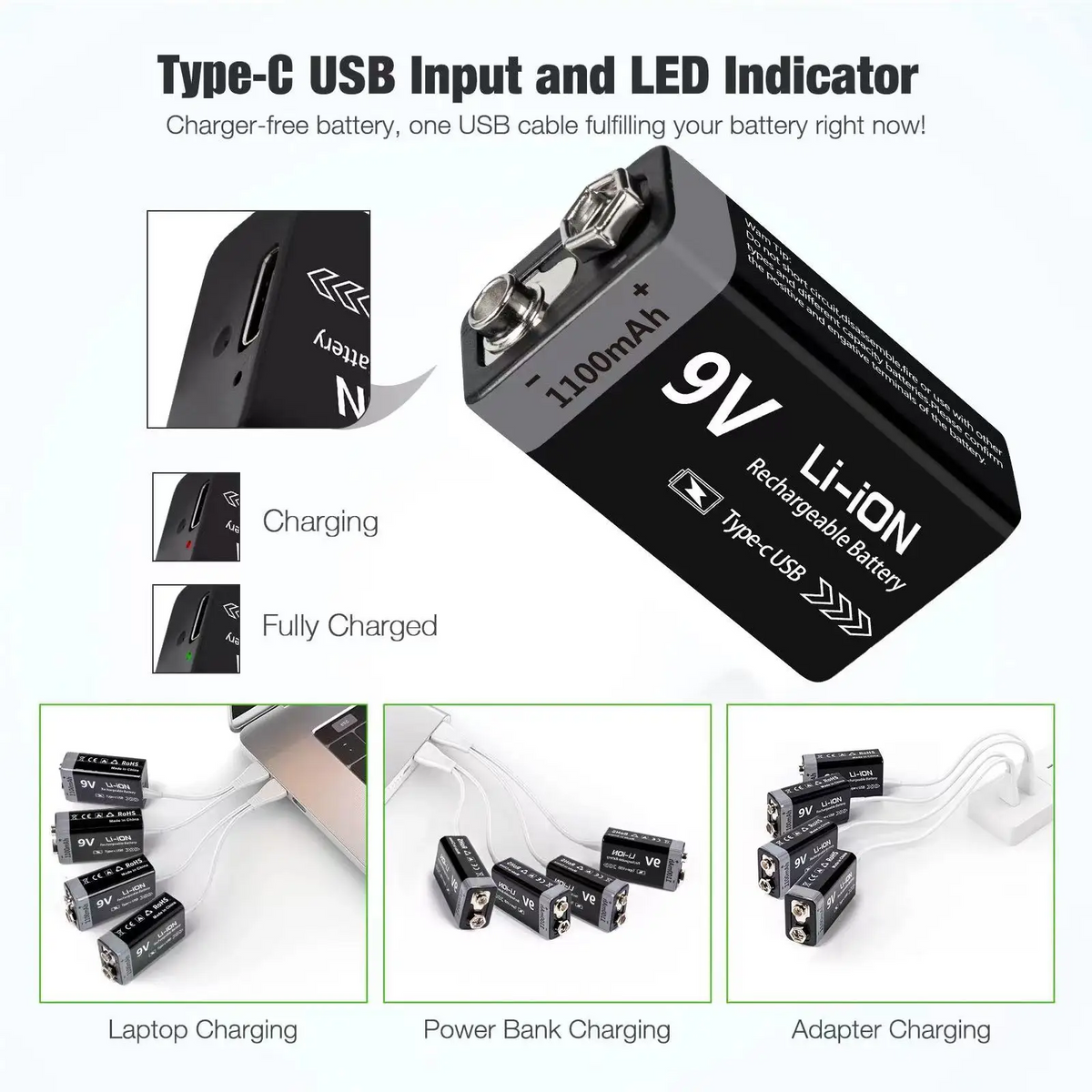 Kuugro 9V 1100mAh USB-C Rechargeable Li-Ion Battery 6F22