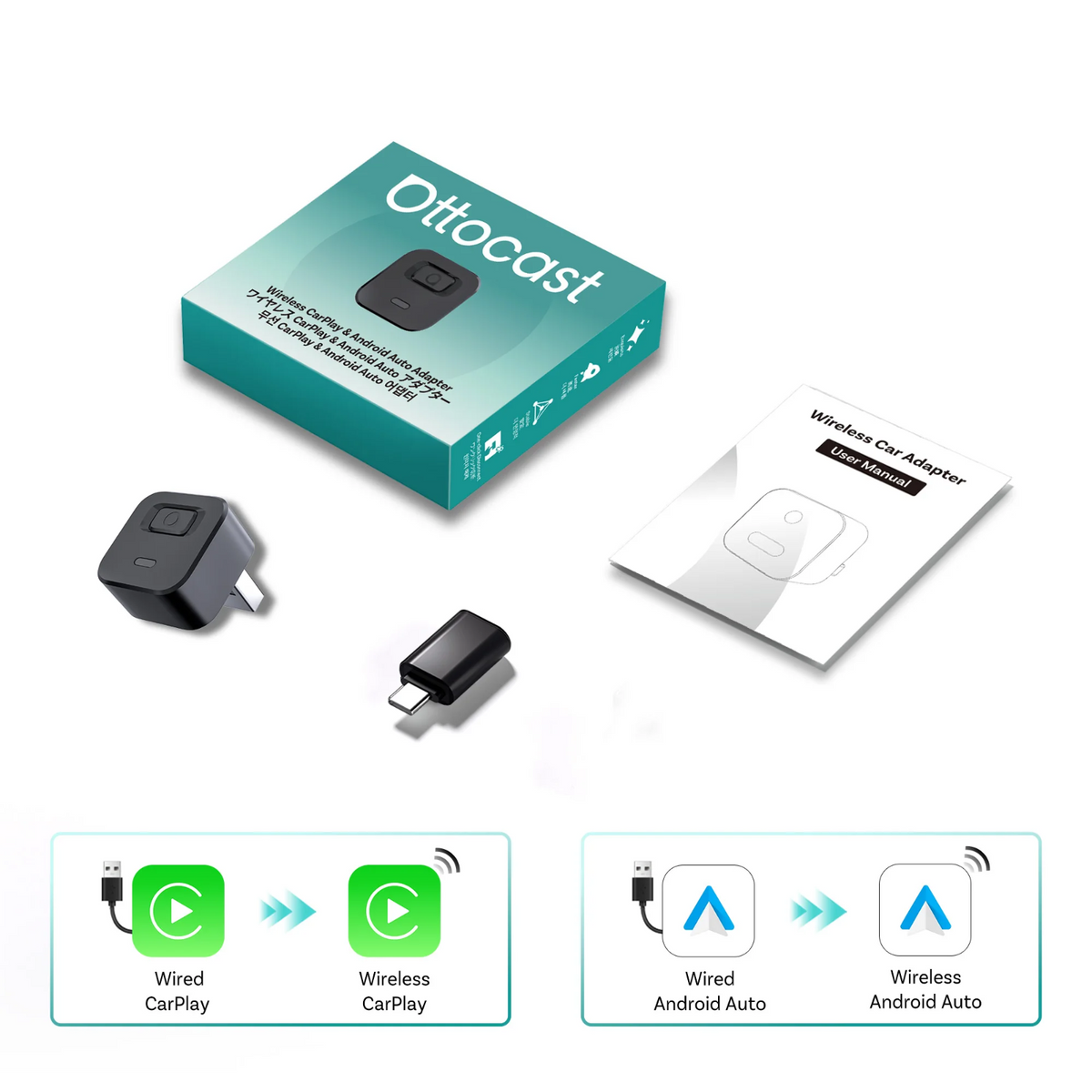 Ottocast CA525T Mini Wireless CarPlay and Android Auto Adapter with One-Click Button