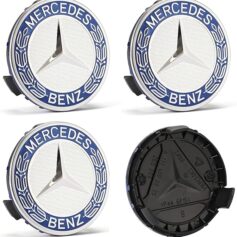 Mercedes Benz 75mm Light Blue Chrome Wheel Centre Caps Laurel Leaf Set
