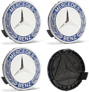 "Mercedes Benz 75mm Blue Chrome Alloy Wheel Center Caps"