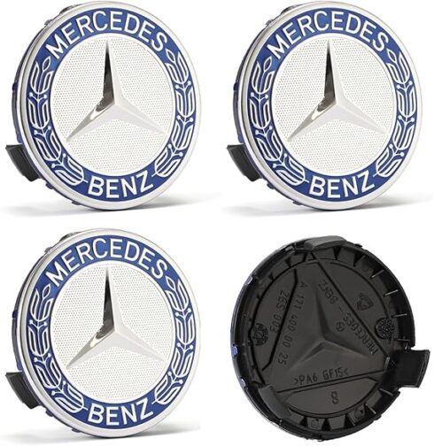 Mercedes Benz 75mm Light Blue Chrome Wheel Centre Caps Laurel Leaf Set