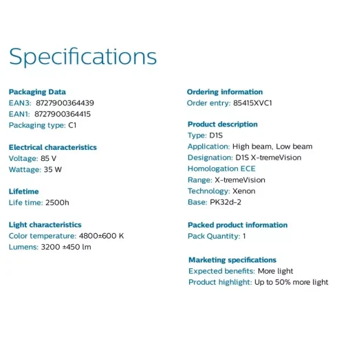 Philips D1S X-tremeVision up to 50% more View Xenon Bulb ECE 85415XV1 Single - Image 3